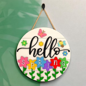 Hello Spring Door Hanger, Handmade 3D Wooden Sign with Colorful Flowers, Seasonal Front Door Decor, Rustic Farmhouse Wreath Alternative