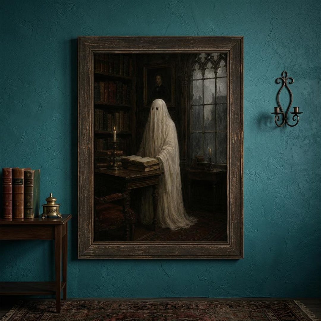 Dark Academia Ghost Library Art, Gothic Haunted Study Print, Moody ...