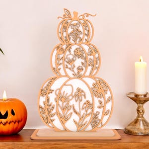 Tall Pumpkin Stack Sign with Floral Cutouts | Autumn Tiered Wooden Decor | Laser Cut Triple Pumpkin Fall Shelf Sitter