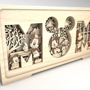 May include: Wooden wall art featuring the word "MOM" with a Mickey Mouse theme. The letters are cut out and layered, creating a 3D effect. Mickey Mouse and his friends are depicted in the cutouts, with a park scene in the background.