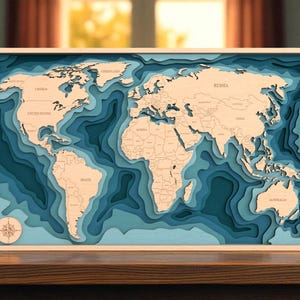 Pode incluir: Um mapa-múndi de madeira com um design em camadas, mostrando os continentes em madeira clara sobre um fundo de tons de azul. O mapa é emoldurado em uma borda branca e inclui nomes de países.