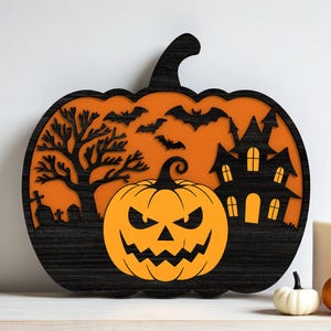 Halloween Pumpkin Jack-O’-Lantern Sign | Haunted House Graveyard Wood Decor | Spooky Fall Display | Multilayer Halloween Shelf or Wall Sign