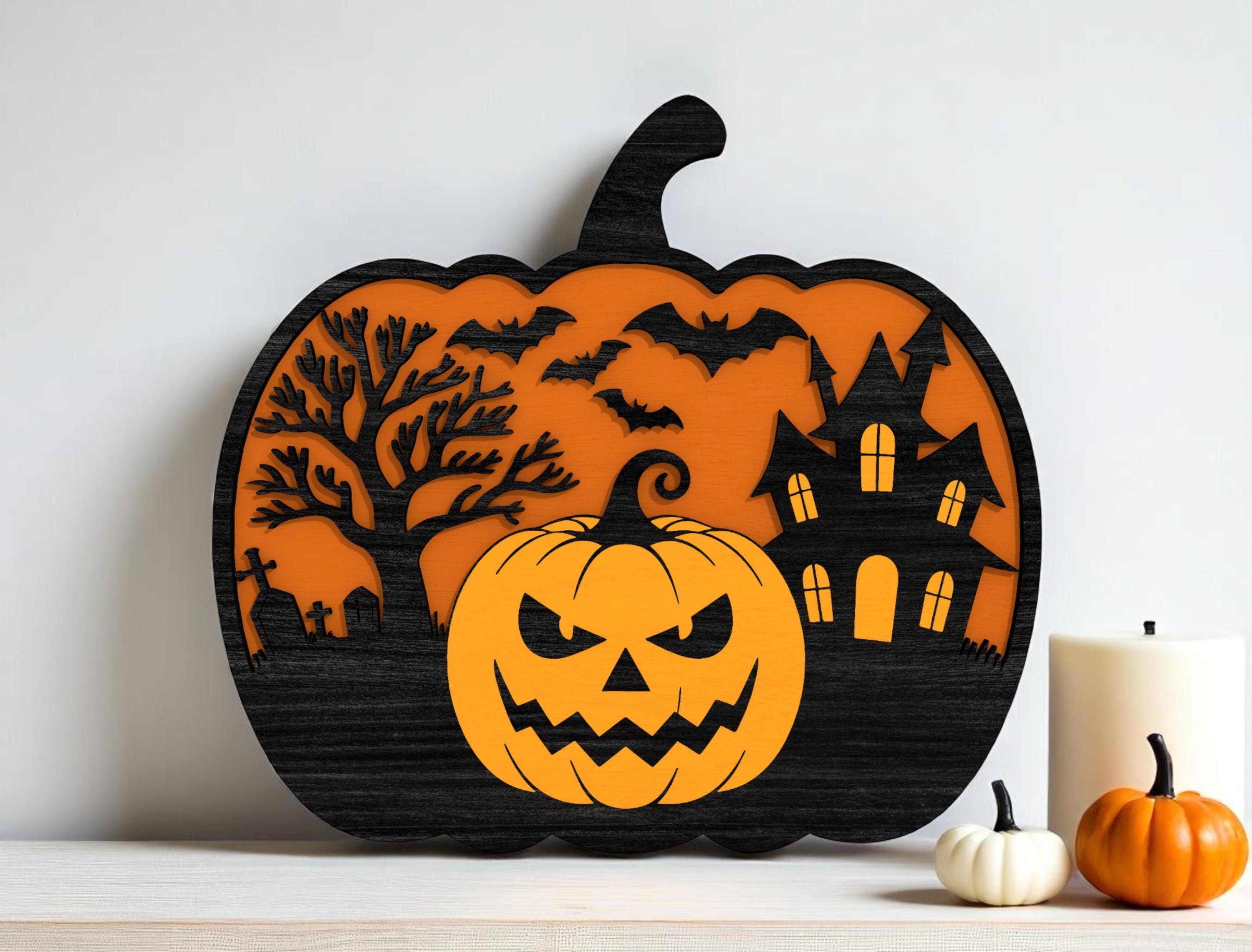 Cartello di Halloween con zucca di Halloween / Decorazione in legno per cimitero di casa stregata / Esposizione autunnale spettrale / Cartello di Halloween multistrato da mensola o da parete - Italia