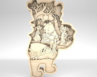 3D Multilayer Bear and Friends Laser Cut SVG , King Magical Kingdom Cartoon 9 Layer Art Piece for Glowforge