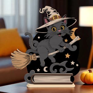 Halloween Witch Cat Wood Shelf Sitter | Black Cat | 3D Layered Laser‑Cut Wood Sign | Magic Broom, Stars & Spellbook Decor