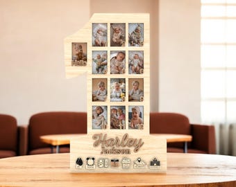 Personalized Baby’s First Year Number One Frame | Monthly Milestone Photo Board | Custom Wooden Keepsake Gift for 1st Birthday