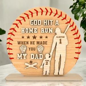 Father‘s Day Baseball Sign, Personalized Softball Gifts for Dad Mom from Kids, God Hit a Home Run Dad Sign, Laser Cut Baseball Decor