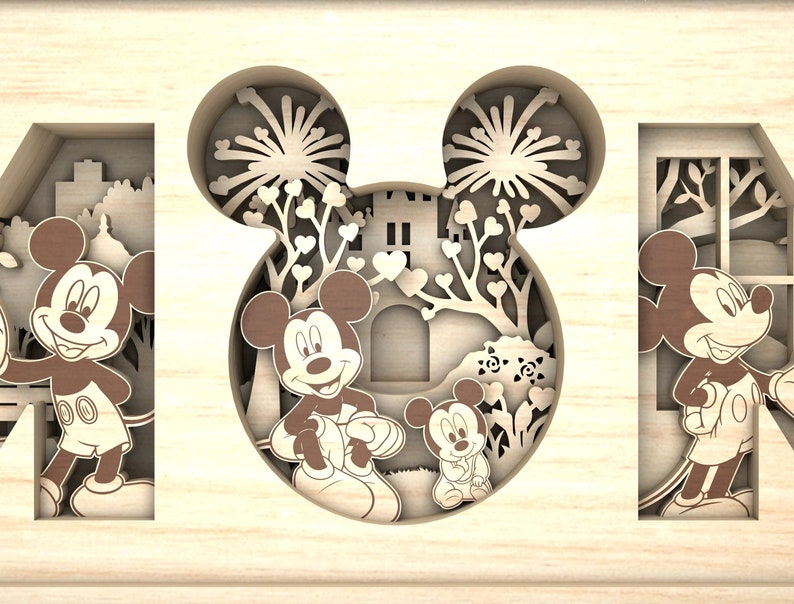 May include: A wooden cutout of Mickey Mouse with a castle and fireworks in the background. The cutout is a 3D design with multiple layers.