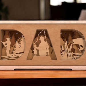 Dad Fishing Sign | Father‘s Day Gift for Fisherman | 3D Layered MDF Shadow Box | Laser Cut Wood Decor for Dad | Rustic Fishing Wall Sign