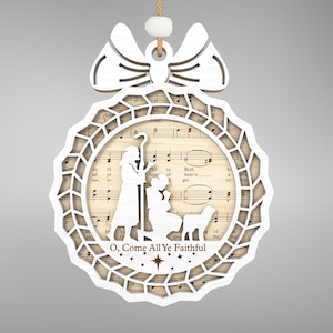 Muziek gegraveerd ornament SVG, kerstlied ornament, kerststal ornament SVG, kerst geboorte bladmuziek ornament SVG, Glowforge-bestand