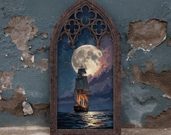 Gothic Pirate Ship Art | 3D Layered Wood Frame | Full Moon Ocean Canvas Print | Nautical Sailboat Wall Decor | Celestial Fantasy Gift