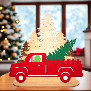 Christmas Standing Sign | Red Truck with Tree Holiday Shelf Decor | Rustic Wooden Farmhouse Tabletop Sign | Winter Cabin Christmas Gift