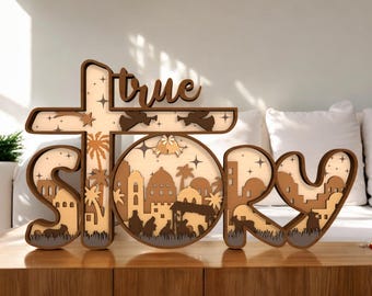 True Story Christmas Sign | Christian Nativity Wall Decor | Multilayer Manger Scene with Cross | Faith-Based Holiday Shelf Gift