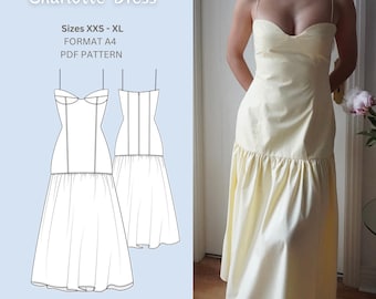 Charlotte Bustier Midi Dress Pattern | Drop-Waist Cottage core (Digital PDF)