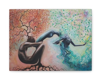 Organisches Wachstum gespannte Leinwanddruck, abstrakte weibliche Figuren Wandkunst, bunte Wohnkultur, Boho Style Decor, einzigartige Kunst für Wohnzimmer