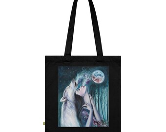 Moonlit Wolf Umarmung Einkaufstasche, umweltfreundliche Einkaufstasche, Tierliebhaber Geschenk, Boho Style Tote, Naturkunsttasche, Vollmond Tote