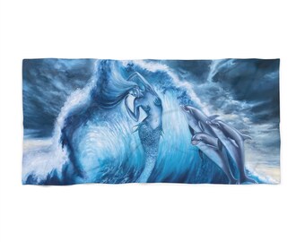 Ocean Waves Mermaid Beach Towel - Nautical Decor for Summer, Gift for Beach Lovers, Poolside Essential, Surf Style, Art Towel