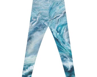 Ozean-inspirierte Damen Casual Leggings, Wasser Themen Activewear, Bequeme Yoga Hose, Strand Liebhaber Geschenk, Sommerbekleidung