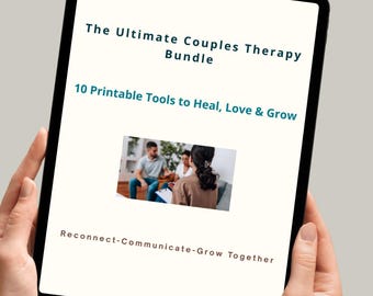 Puede incluir: Una tableta muestra "The Ultimate Couples Therapy Bundle" con el texto "10 Printable Tools to Heal, Love & Grow." Una pequeña imagen muestra a una pareja en terapia. También se ve el texto "Reconnect-Communicate-Grow Together".