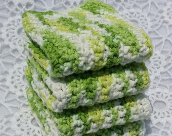 Lavettes vert citron, lavettes vertes et blanches, lavettes au crochet, lavettes faites main, chiffons à vaisselle, chiffons de lavage