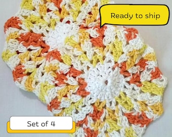 Lavettes au crochet, lavettes rondes, lavettes jaune orange, lot de 4 chiffons ronds jaune blanc orange, tampons chauffants, dessous de plat