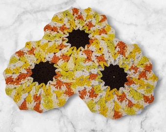 Lavettes tournesol au crochet, lavettes rondes, lavettes jaune orange, lot de 3 chiffons ronds jaune blanc orange, tampons chauffants, dessous de plat