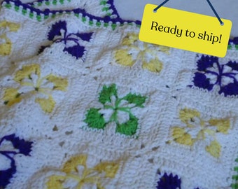 Couverture pour bébé OOAK, crochet fait main, couverture pour bébé héritage neutre entre les sexes, couverture pour bébé unisexe aux couleurs vives, violet jaune vert blanc
