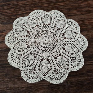May include: A white crocheted doily with a circular design and scalloped edges.