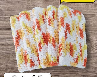 Lot de 5 torchons au crochet, jaunes, orange, blancs, faits main, lavables au crochet, débarbouillettes, chiffons, lumineux colorés, prêts à être expédiés