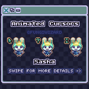 Puede incluir: Un cursor animado azul y blanco con un personaje de conejo llamado Sasha. El cursor cambia a un signo de interrogación, una flecha verde y una "I" verde según la acción. El texto "Animated Cursors" y "@FUNGIWIZARD" se muestra encima del cursor. El texto "Swipe for more details ->" se muestra debajo del cursor.