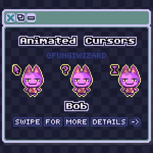 Op de afbeelding: Een gepixelde afbeelding van een paarse kat met een roze neus en een rood shirt. De kat wordt in drie verschillende poses getoond, met een roze hart, een vraagteken en een zandloper boven zijn hoofd. De tekst "Animated Cursors" staat bovenaan de afbeelding, en de tekst "GFUNGIWIZARD" staat onder de kat. De tekst "Bob" staat onder de kattenafbeeldingen, en de tekst "SWIPE FOR MORE DETAILS ->" staat onderaan de afbeelding.