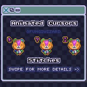 May include: Animated cursors for the game Animal Crossing: New Horizons, featuring a pink and orange Stitches character with different expressions. The text "Animated Cursors" and "Stitches" are displayed on the image. The text "GFUNGIWIZARD" is also displayed on the image.