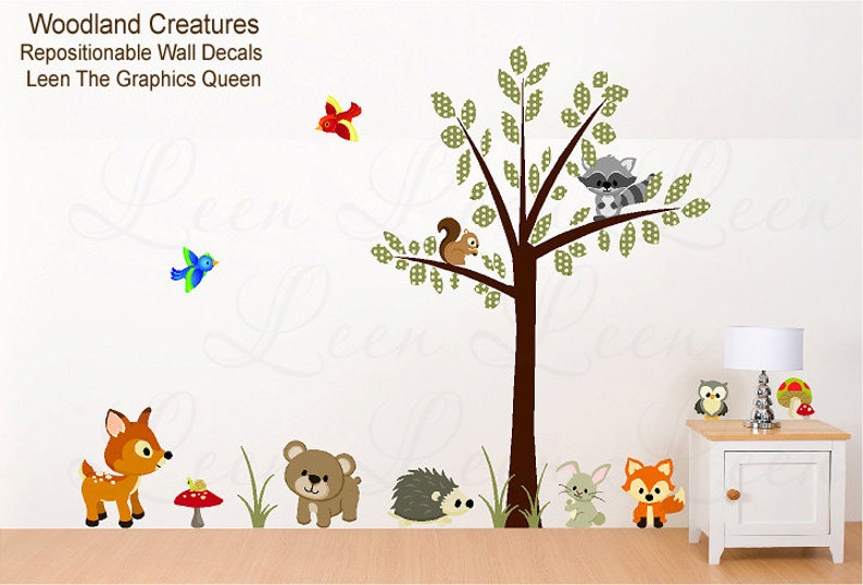 animal tree wall decals woodland creatures reusable wall | etsy
