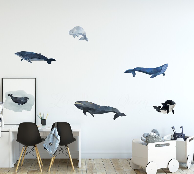 Whale Wall Decals For Kids Room Or Playroom Blue Gray Watercolor Stickers Removable Ocean Theme Decor Whales