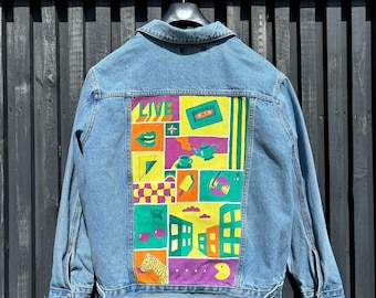 Hand-Painted Denim Jacket: Upcycled 90s Retro Jean Jacket