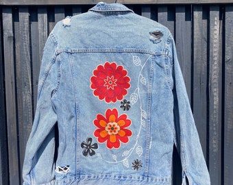 Hand-Painted Floral Denim Jacket: Upcycled Women's Jean Jacket