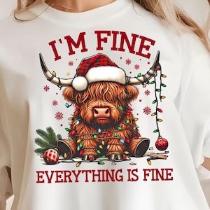 Estoy bien, todo está bien, divertido archivo PNG navideño, descarga instantánea, lindo diseño de camiseta de vaca de las tierras altas, descarga digital,