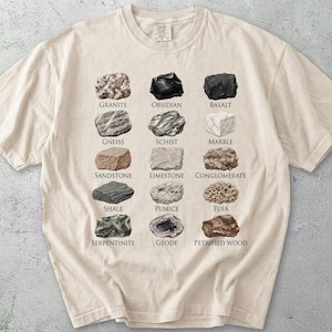 May include: Ivory-colored t-shirt featuring a graphic of various rock types, each labeled with its name. The rocks include granite, obsidian, basalt, gneiss, schist, marble, sandstone, limestone, conglomerate, shale, pumice, tufa, serpentine, geode, and petrified wood.