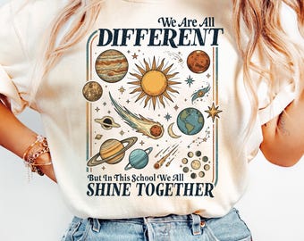 Comfort Colors® Teacher T-Shirt Sweatshirt, We Are All Different School Space Planets Inclusivity