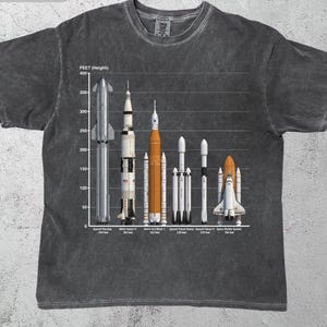 May include: Dark gray t-shirt featuring a graphic of various rockets and spacecraft, with a height scale in feet. The shirt includes the text "PEPPER" at the top left.
