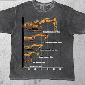 以下が含まれることがあります： さまざまなサイズのショベルカーの図が描かれた濃い灰色のTシャツ。寸法はフィートで表示されています。テキストには「Mining Hydraulic Shovel - 17.68メートル」、「Large Crawler Excavator - 10.67メートル」、「Standard Excavator - 9.45メートル」、「Wheeled Excavator - 6.71メートル」、「Mini Excavator - 3.66メートル」と「Micro Excavator - 2.13メートル」が含まれています。
