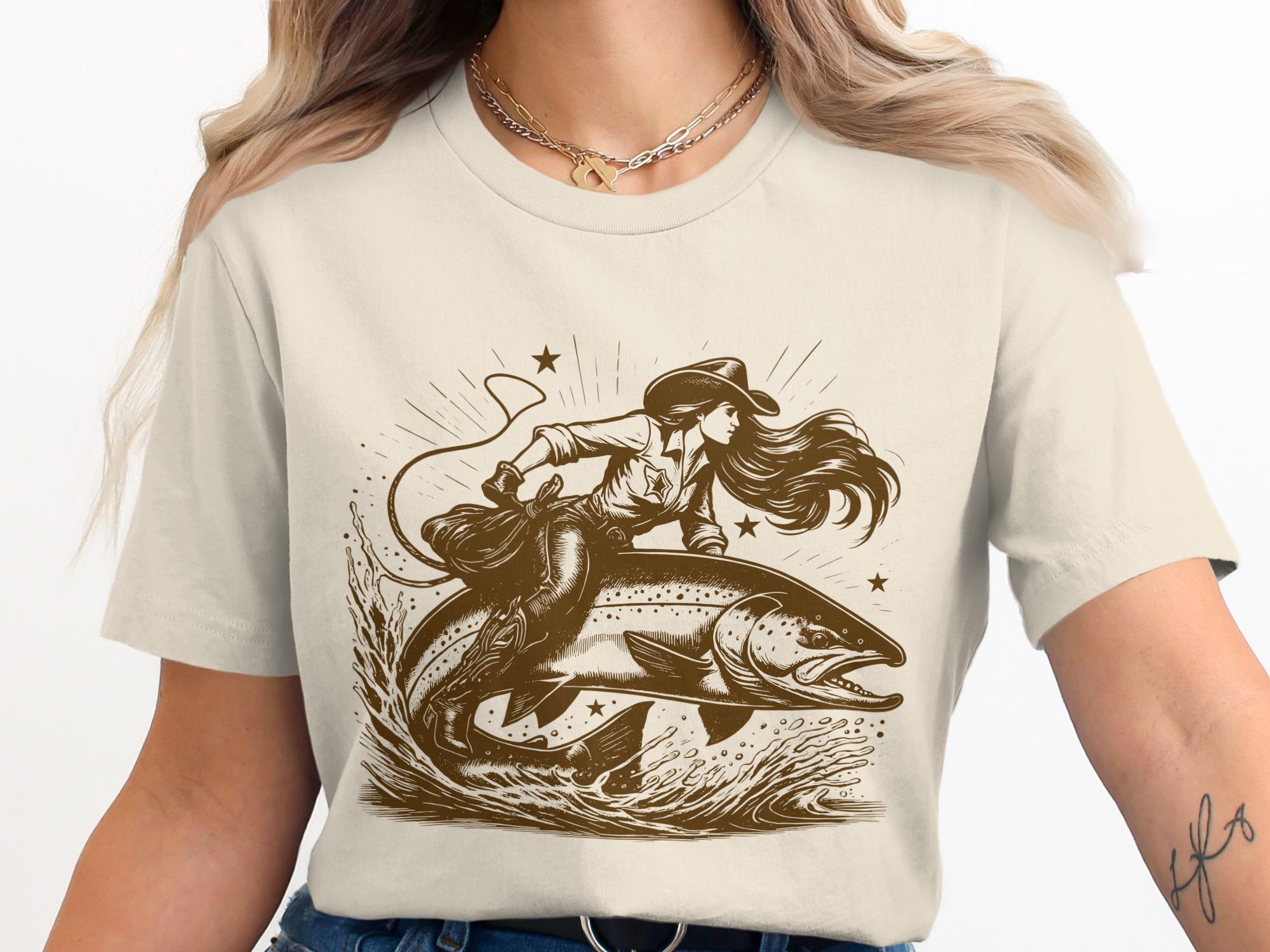 T-shirt cowgirl rijdt op vis, grappige western rodeo, retro cowboy-T-shirt, tattoo wilde westen cowgirl, cowboy rijdt op vis shirt, comfortabele kleuren