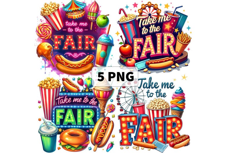 May include: Five colorful digital illustrations of carnival food and rides with the text "Take me to the Fair" in a retro style.
