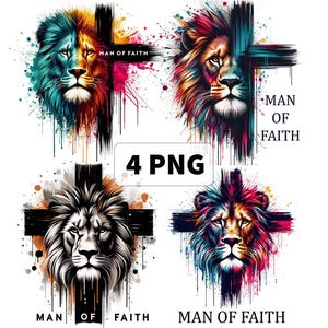 Könnte beinhalten: Vier digitale Kunstdrucke mit einem Löwenkopf und einem Kreuz dahinter. Der Löwenkopf ist in einem farbenfrohen abstrakten Stil mit Farbstichen gehalten. Das Kreuz ist schwarz und trägt den Text "Man of Faith".