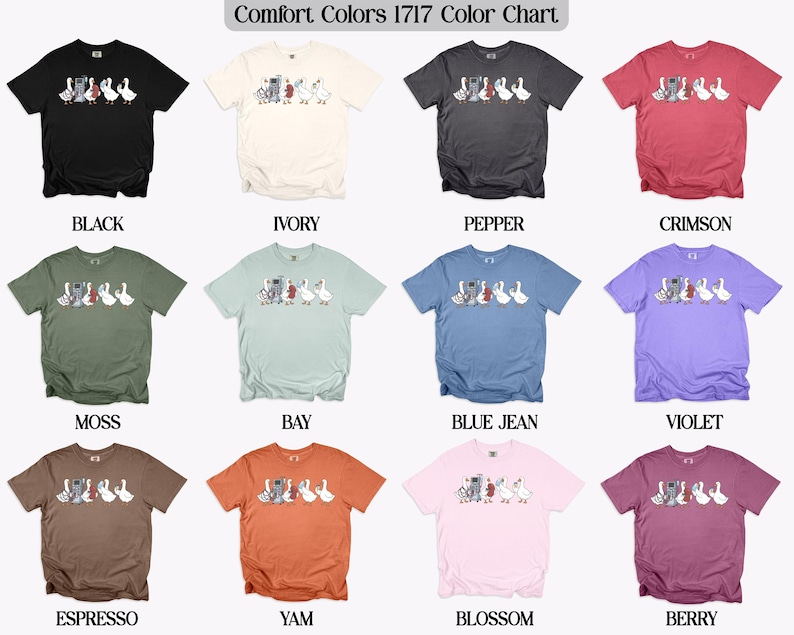 Comfort Colors 1717 Shirt, Color Chart Tee, Black, Ivory, Pepper, Crimson, Moss, Bay, Blue Jean, Violet, Espresso, Yam, Blossom, Berry
