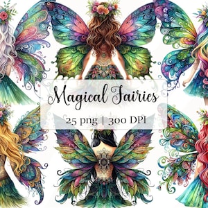 Puede incluir: Ilustraciones de acuarela de hadas con alas coloridas y coronas de flores. Las hadas tienen cabello suelto de varios colores y visten vestidos. La imagen incluye el texto "Magical Fairies", "25 png" y "300 DPI".