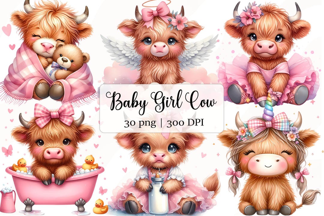 Baby Girl Highland Cow Watercolor Clipart Bundle, Newborn Children ...