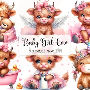 Babymeisje Highland Cow aquarel clipart bundel, pasgeboren kinderen kinderkamer kunst sublimatie design, aquarel bloemen png-downloads