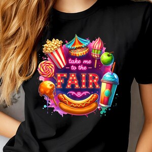 May include: Black t-shirt with a colorful graphic design featuring carnival food and the text "Take me to the FAIR".