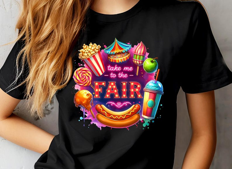 May include: Black t-shirt with a colorful graphic design featuring carnival food and the text "Take me to the FAIR".